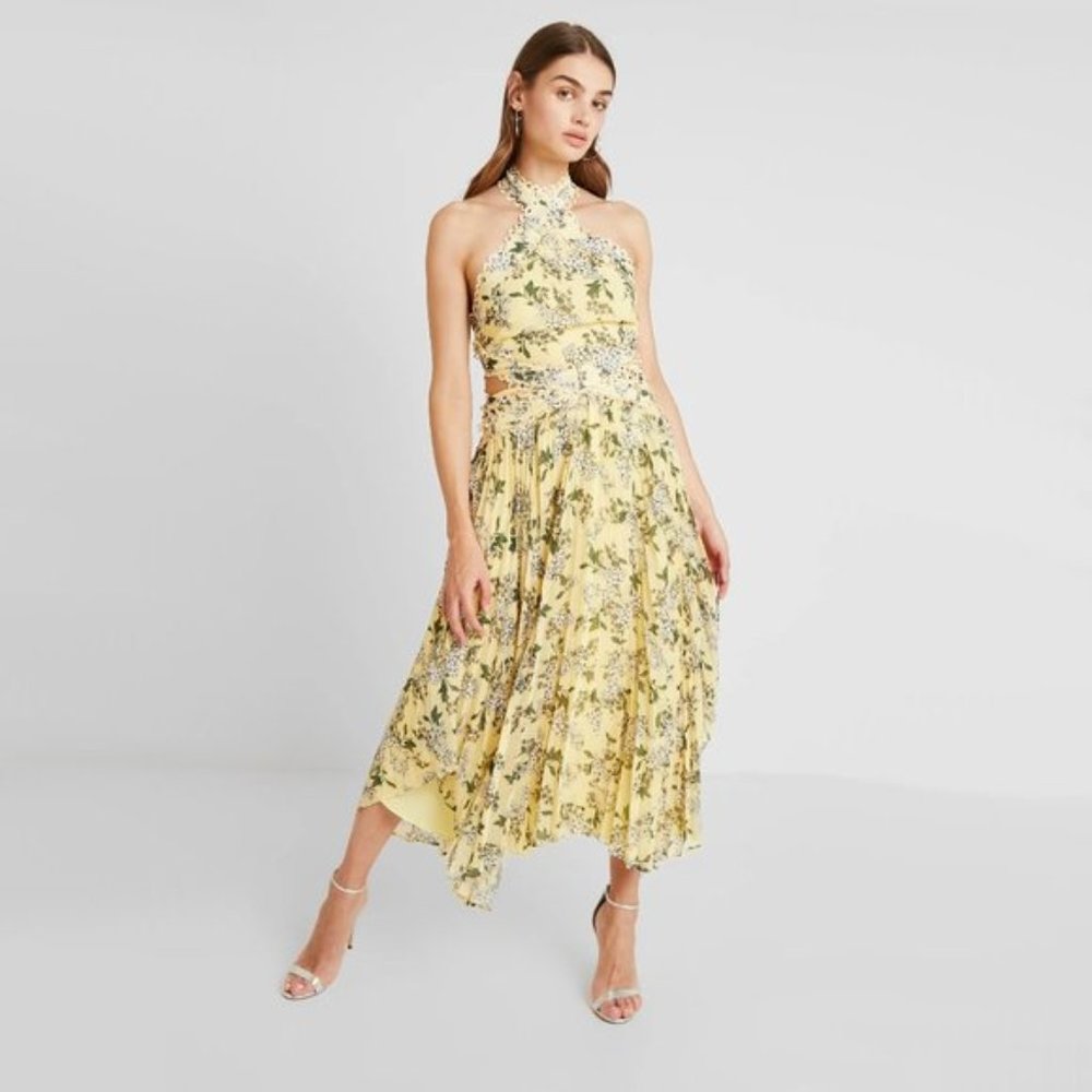 NWT Keepsake lemon yellow floral print pleated halter long dress, XS, US 0-2